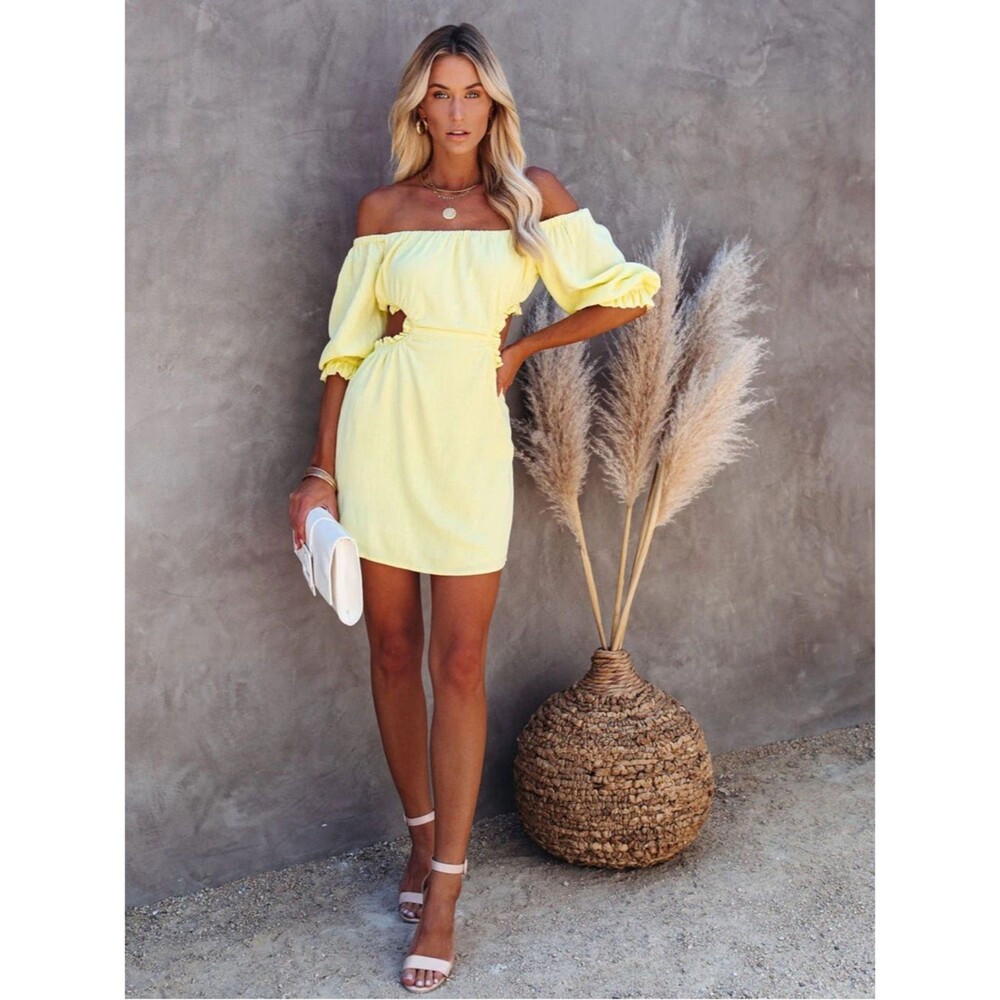 NWT Skylar Rose Linen Blend Yellow Off-The-Shoulder Cutout Mini Dress